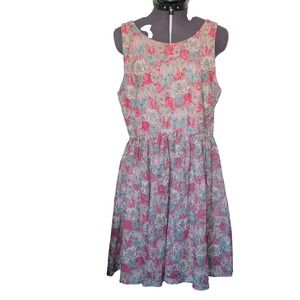 American Rag cie Floral Print Fit and Flare Dress Women's Size L Pink Blue Gray